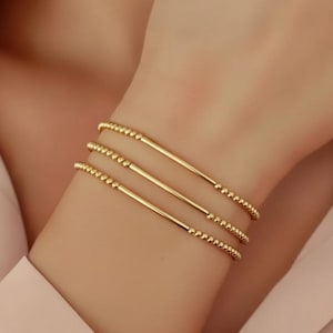 Gold Bar Bracelet - Bracelet Set - Set of 3 elastic dainty gold bar  - seed bead jewelry - minimalist