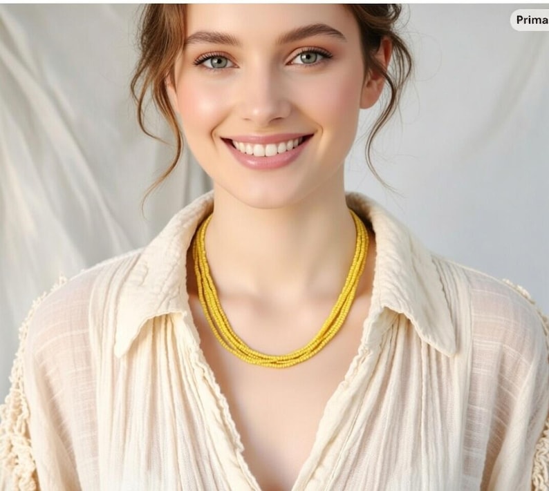 Mustard beaded necklace, simple yellow seed bead necklace,gold multi strand ,bridesmaids boho image 1