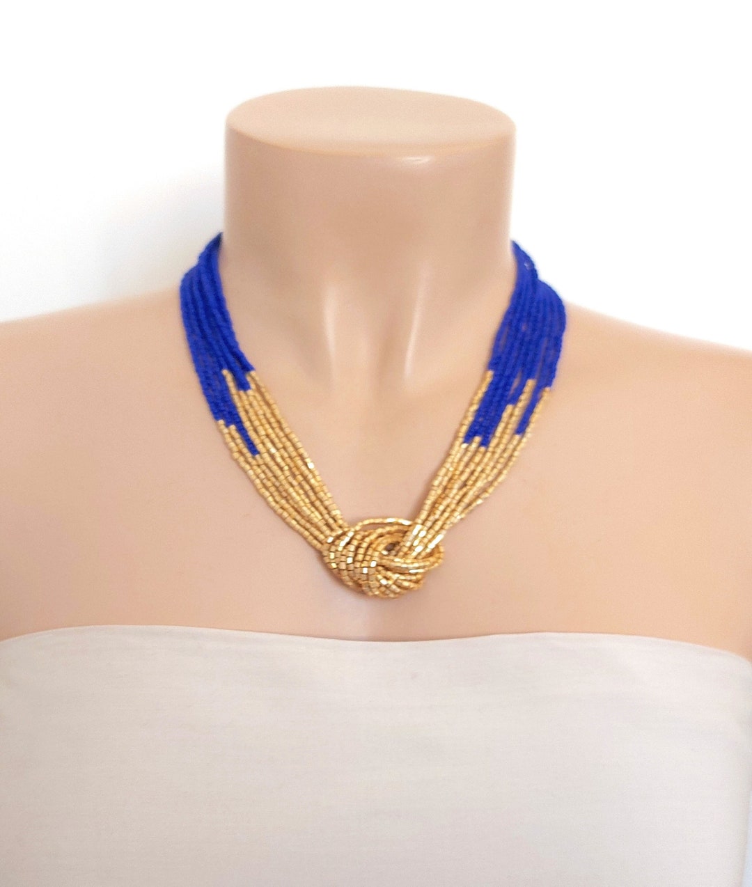 Royal Blue and Gold Necklace Seed Bead Necklace Knot Etsy