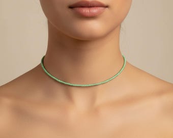 Handmade Sage Green Seed Bead Choker, Dainty Minimalist Necklace, simple layering