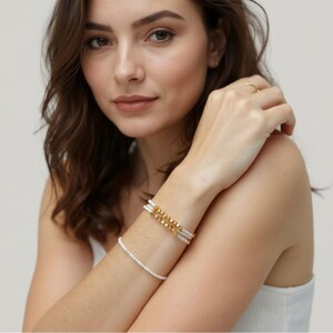 Metal free set of bracelets White and rose gold elastic bracelets, allergy friendly image 2