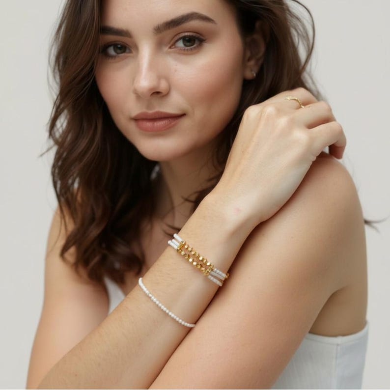 Metal free set of bracelets White and rose gold elastic bracelets, allergy friendly image 2