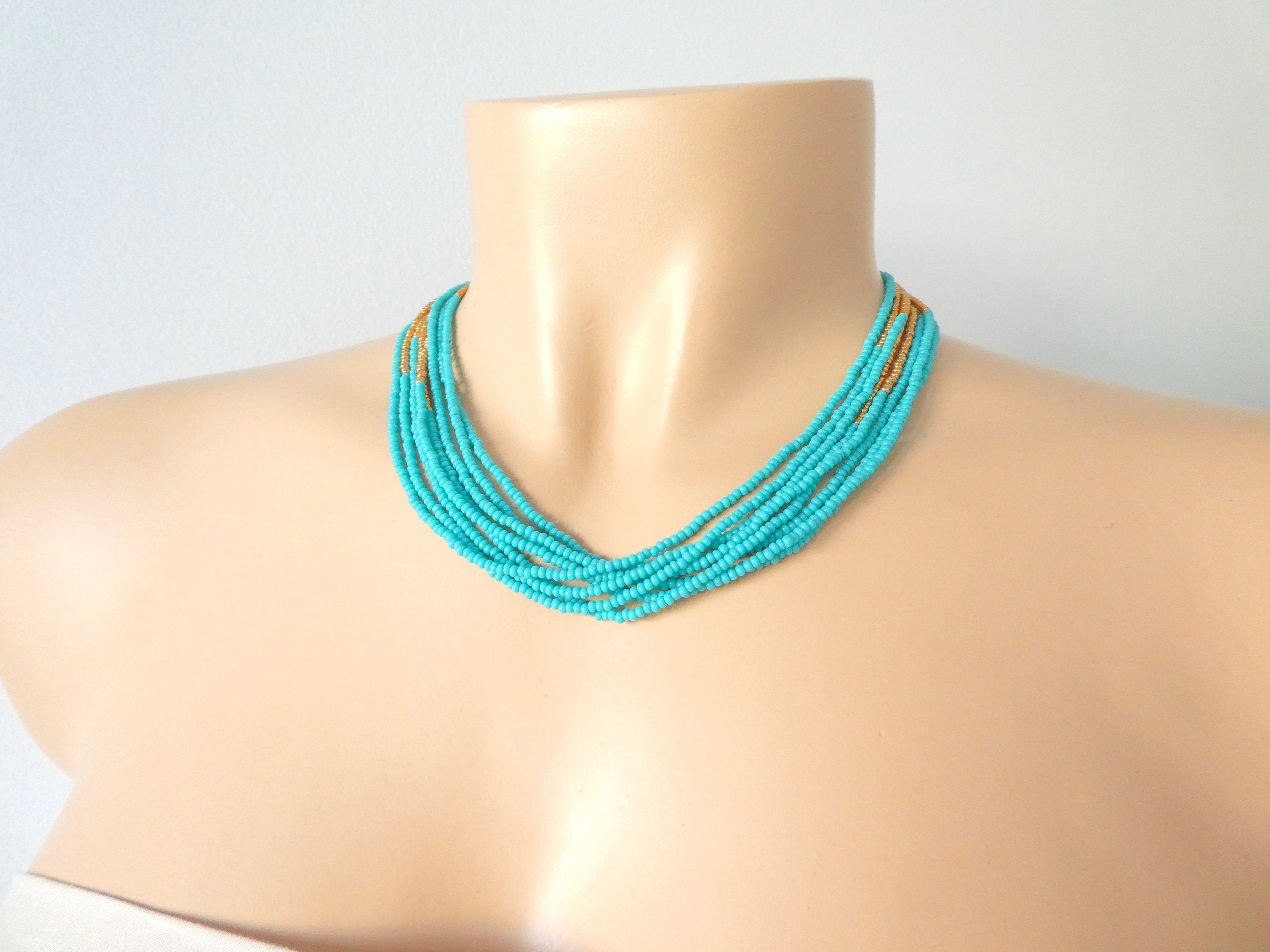 turquoise necklace,seed bead necklace,teal necklace,statement necklace,boho,multistrand,beaded necklace,aqua necklace,sea blue,gift idea
