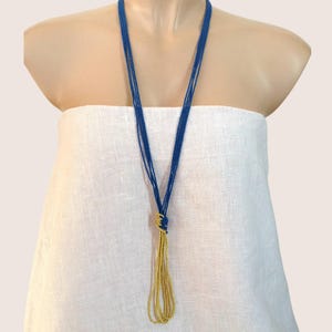 Long teal blue and mustard Beaded Necklace, boho blue necklace, Statement Jewelry, Colorful Layering Necklace, bohemian necklace