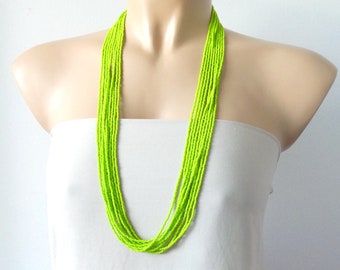 Apple Green long beaded necklace, seed bead multistrand necklace, bohemian jewellery