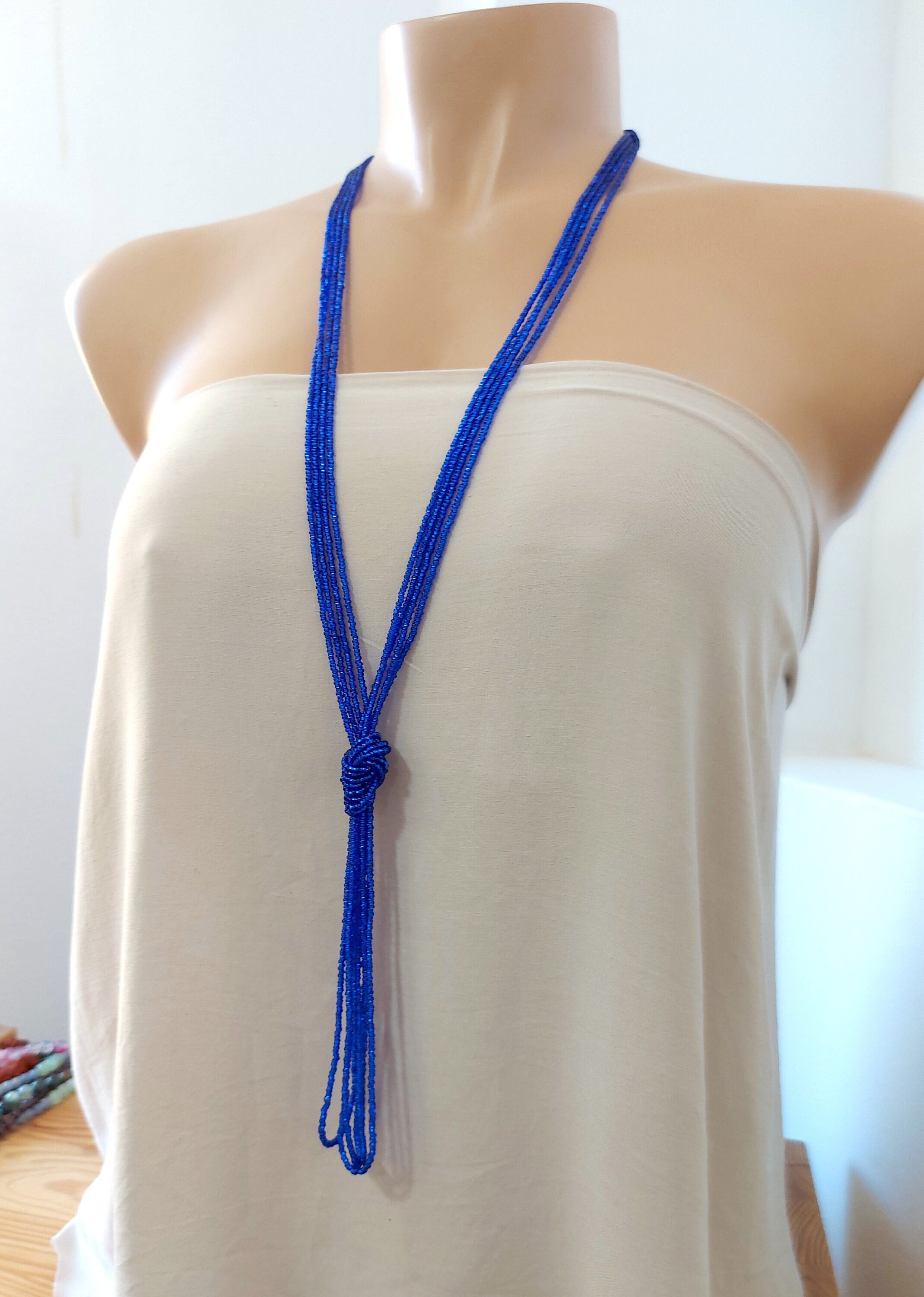 Royal Blue Beaded Necklace Long Tassel 