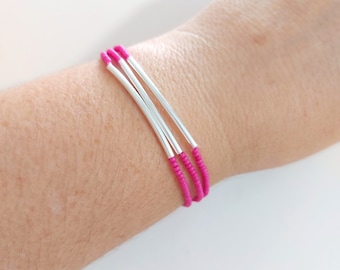 Pulseras rosa intenso - Barra de plata de ley - Joyería rosa neón - Elástico - Minimalista - Fucsia