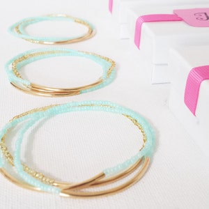 Bridesmaid gifts, mint bracelet, gold bracelet,bar bracelet, elastic bracelet,anklet,stretch bracelet, beaded bracelet,  seed bead bracelet