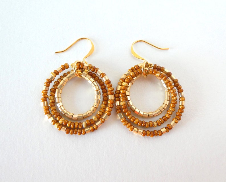 Caramel and Gold Earrings Brown Earrings Dangling Hoop Etsy
