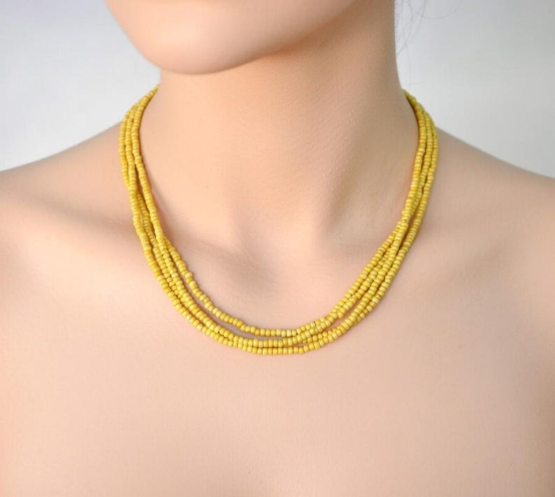 Mustard beaded necklace, simple yellow seed bead necklace,gold multi strand ,bridesmaids boho image 9