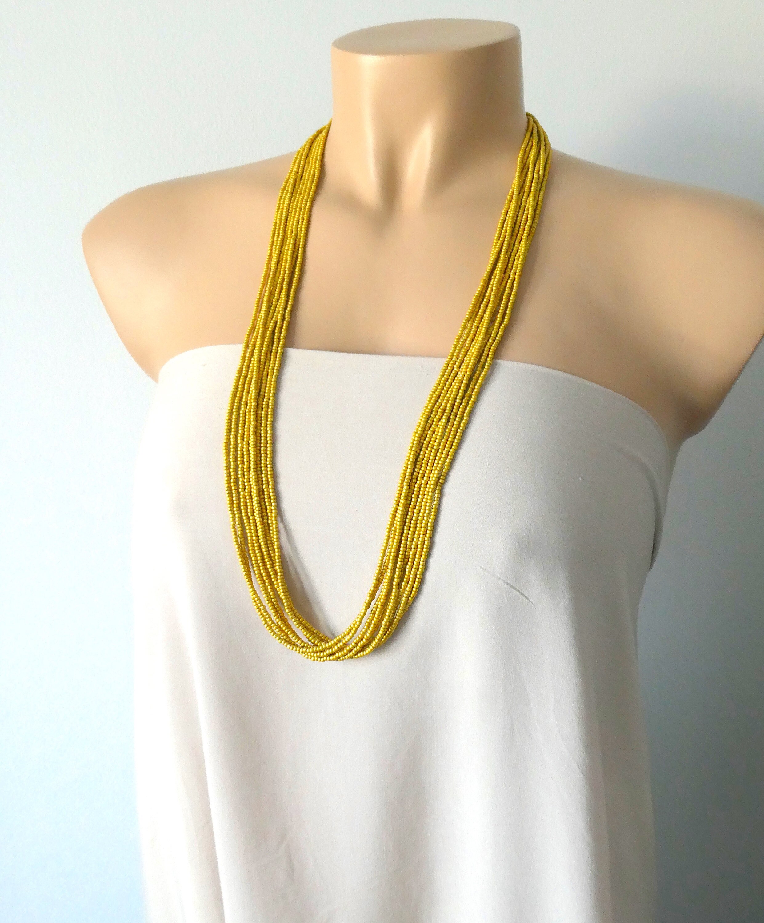 Mustard necklace Mustard Beaded Necklace Boho Long Necklace Etsy