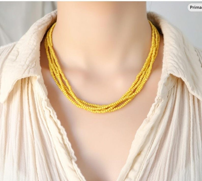 Mustard beaded necklace, simple yellow seed bead necklace,gold multi strand ,bridesmaids boho image 6
