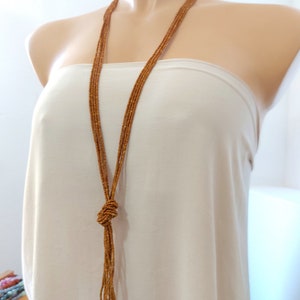 Caramel brown beaded necklace, long tassel necklace, seed bead necklace, gift for her, extra long necklace, multi strand beige necklace
