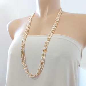 Long gold necklace, tiny bead necklace, pearl boho beaded necklace, pearl necklace, gold necklace, seed bead necklace
