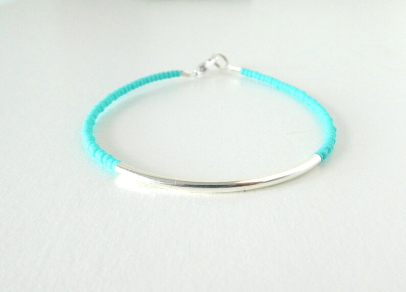 Turquoise bracelet, aqua bracelet, bracelet, noodle seed bead bracelet, seed bead bracelet, silver bracelet, minimalist, noodle bracelet image 4