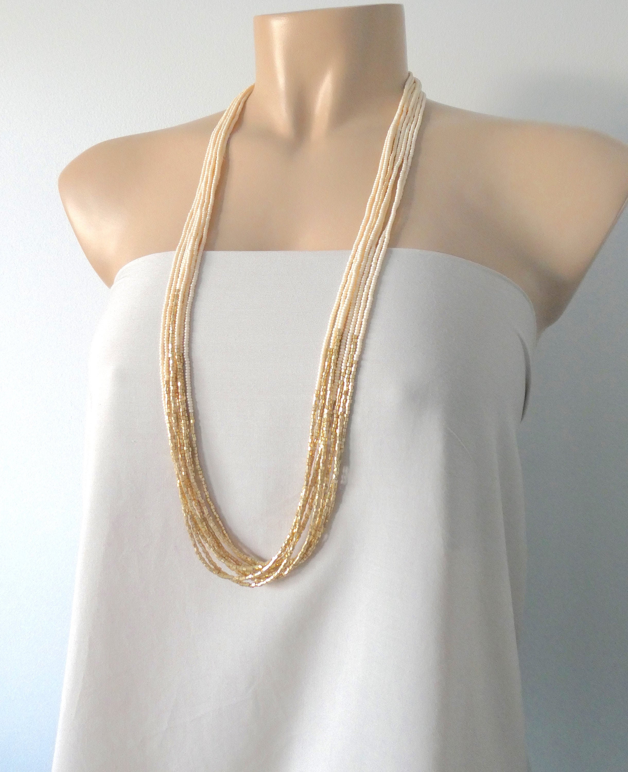 Ivory and gold necklace, seed bead necklace,cream necklace,knot necklace, beaded necklace, beaded choker,multistrand necklace,ivory and gold