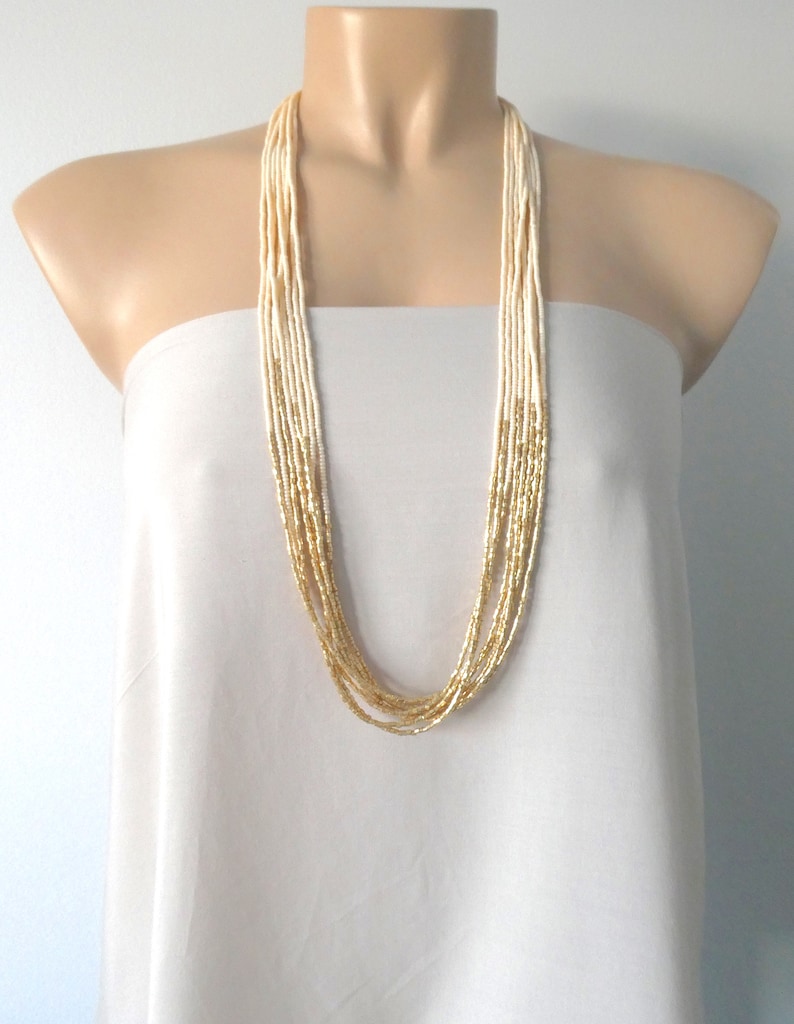 Ivory and gold necklace, seed bead necklace,cream necklace,knot necklace, beaded necklace, beaded choker,multistrand necklace,ivory and gold image 5