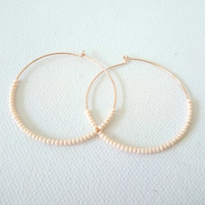 Gold hoop earrings, beaded hoop earrings, seed bead earrings, big earrings, dainty hoop earrings, ivory earrings, off white earrings
