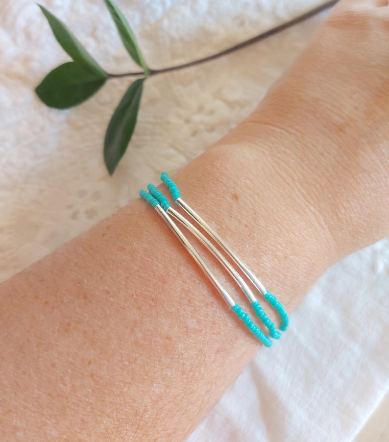 Turquoise bracelet bar bracelet gift set seed bead bracelet beaded bracelet aqua bracelet noodle minimalist bracelet,stacking elastic image 4