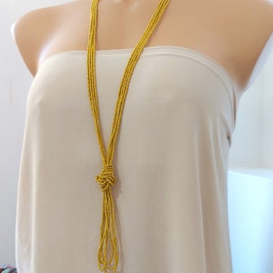 Mustard beaded necklace, long tassel necklace, seed bead necklace, gift for her, extra long necklace, multi strand yellow necklace