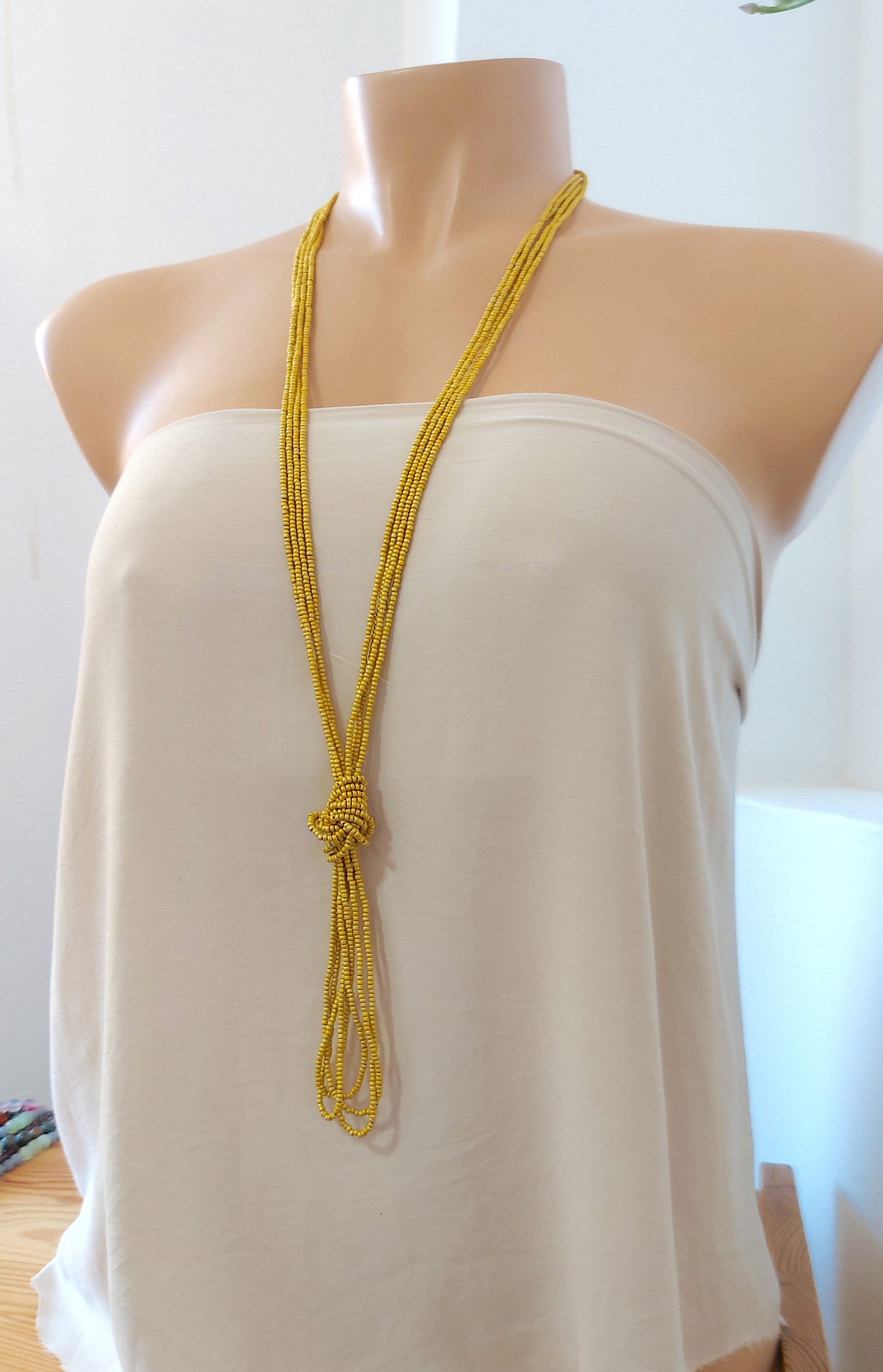 Mustard Yellow Tassel Long Beaded Necklace, Gold Pearl Statement Necklace, Layering  Necklaces for Women, Long Boho Necklace, Vintage, Spring 