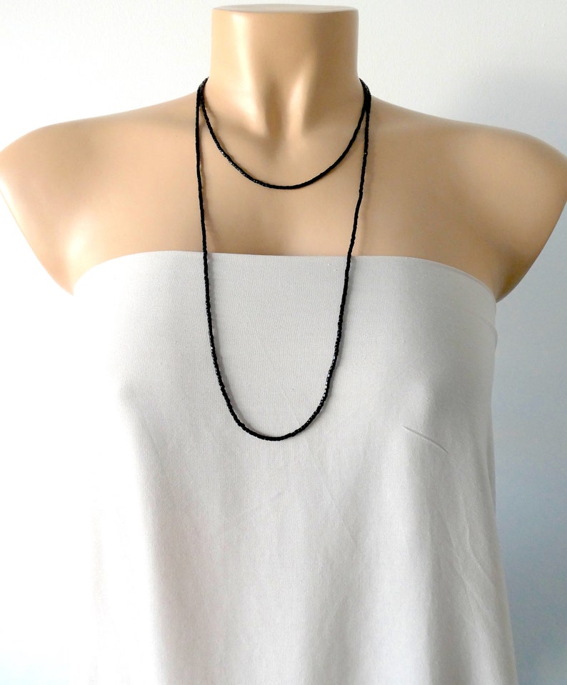 Long black layering necklace, boho necklace, dainty black necklace, seed bead necklace, one strand necklace, layered necklace, unisex image 1
