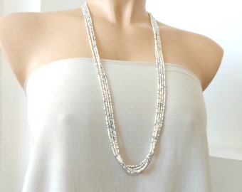 Long multi strand beaded pearl and silver necklace