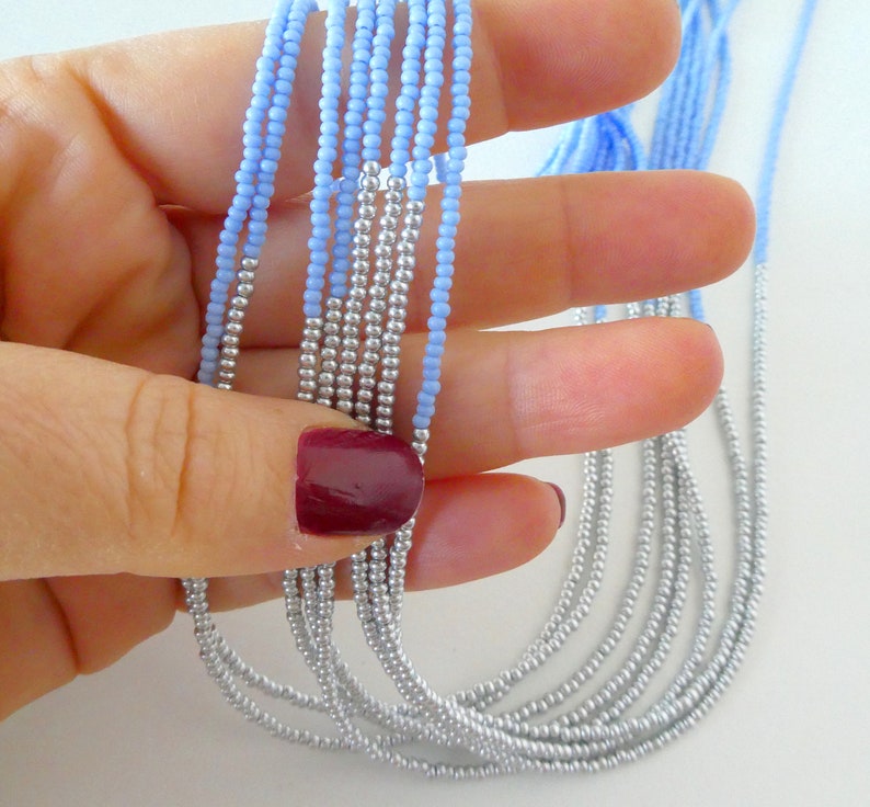 Pastel blue and silver necklace powder blue multi strand beaded necklace,seed bead boho necklace,bridesmaid necklace,gift for women,for her