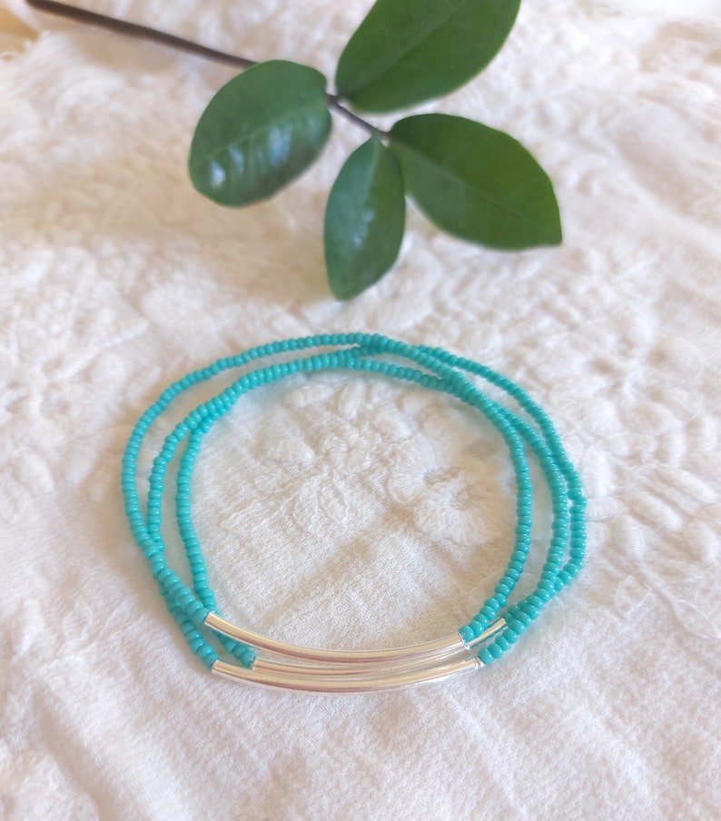 Turquoise bracelet bar bracelet gift set seed bead bracelet beaded bracelet aqua bracelet noodle minimalist bracelet,stacking elastic image 1