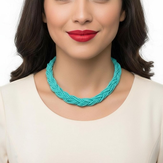 Beaded boho turquoise necklace,seed bead necklace,statement necklace,choker necklace,braided necklace,teal necklace,bridesmaid jewelry