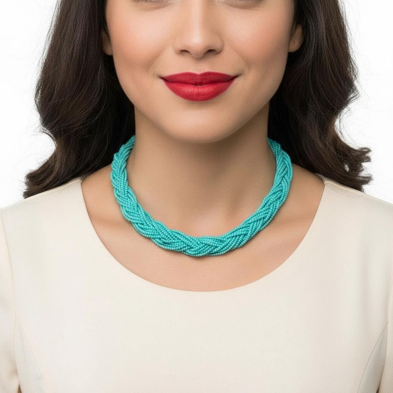 Beaded boho turquoise necklace,seed bead necklace,statement necklace,choker necklace,braided necklace,teal necklace,bridesmaid jewelry image 1