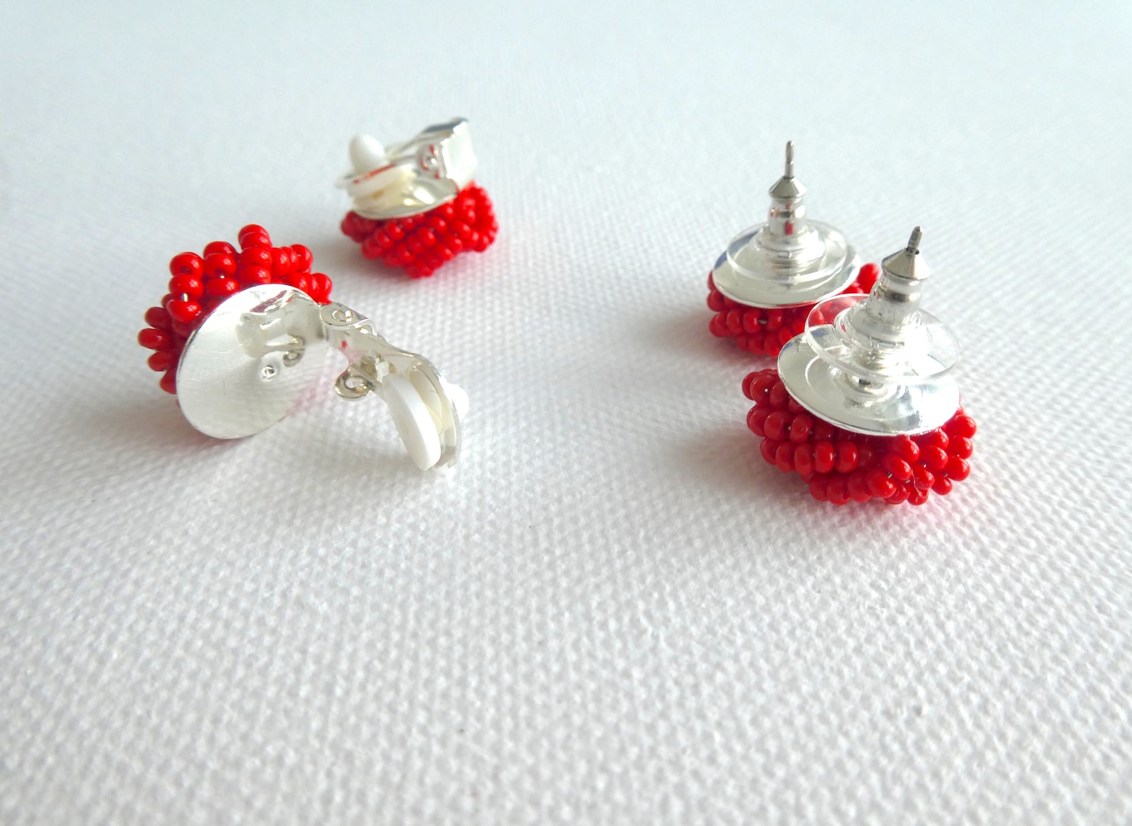 Red Stud Earrings Knot Earringsclip on Red Earringsbeaded Etsy