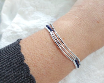 Navy blue and silver bracelets with sterling silver bars,  blue and white elastic bracelets, stretch bracelet, thin seed bead bracelet