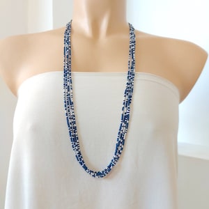Boho long beaded necklace, silver and blue multi strand necklace