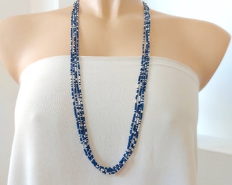 Boho long beaded necklace, silver and blue multi strand necklace