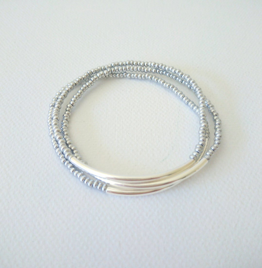Silver Gray Stretch Bead & Chain Bracelet main image 1