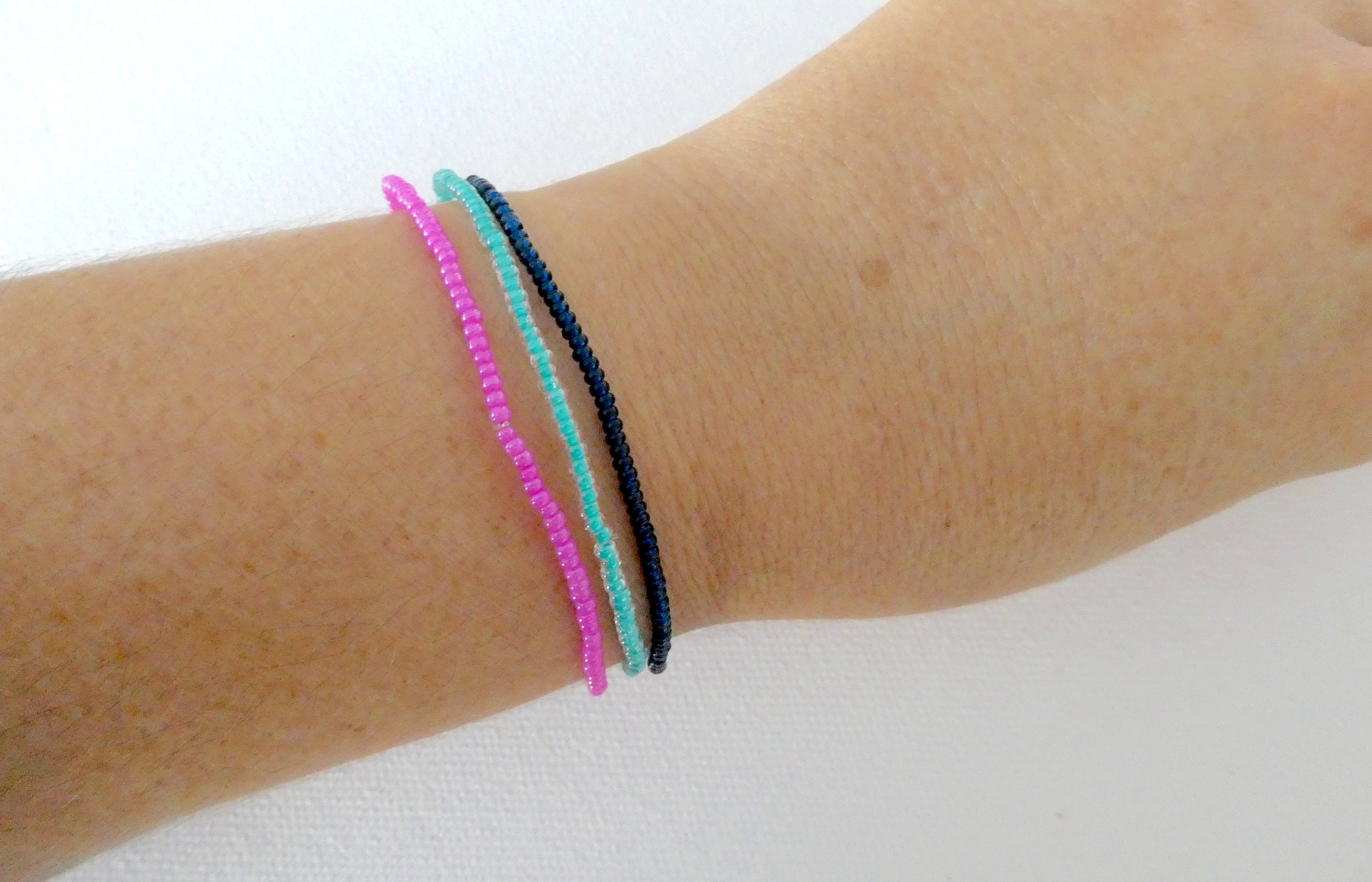 ブレスレット Pink & Skyblue Beaded Elastic Bracelet #9939 Beaded Stretch Bracelet, Set of 3 Bracelets, Pink Blue and