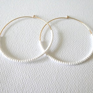 Large gold hoop earrings, big hoop earrings light white earrings,beaded hoop earrings,seed bead earrings,gold hoop earrings,big white hoops