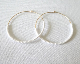 Large gold hoop earrings, big hoop earrings light white earrings,beaded hoop earrings,seed bead earrings,gold hoop earrings,big white hoops