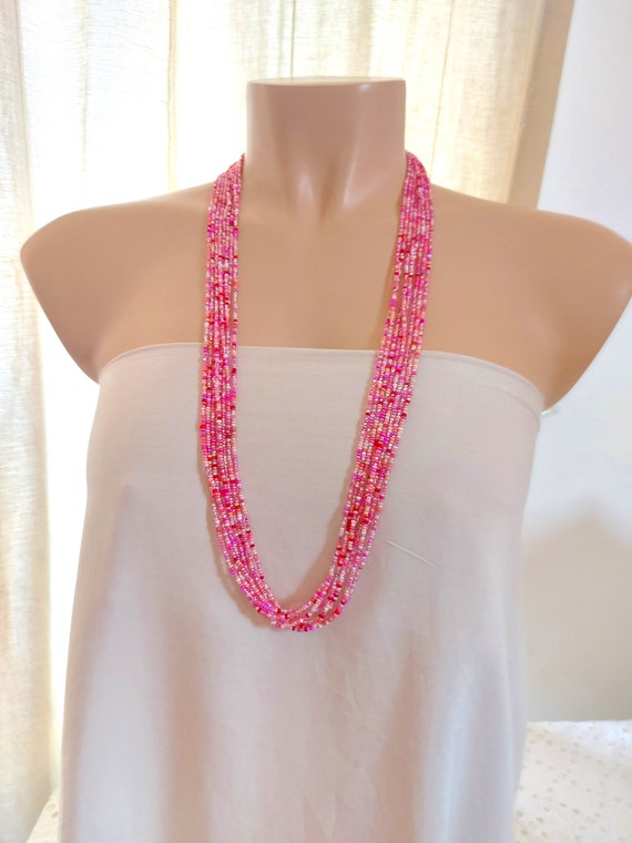 Long Pink Necklace Ombre Pink Necklace Beaded Necklace Boho Etsy