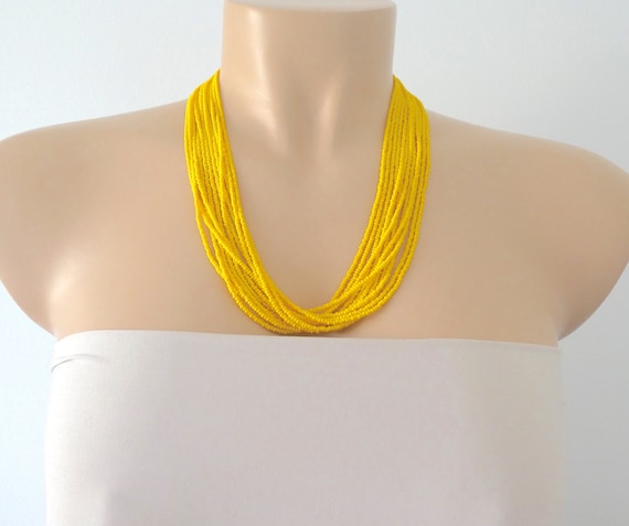Yellow necklace, statement necklace summer seed bead necklace boho necklace beaded necklace,wedding jewelry bridesmaid necklaces boho chic