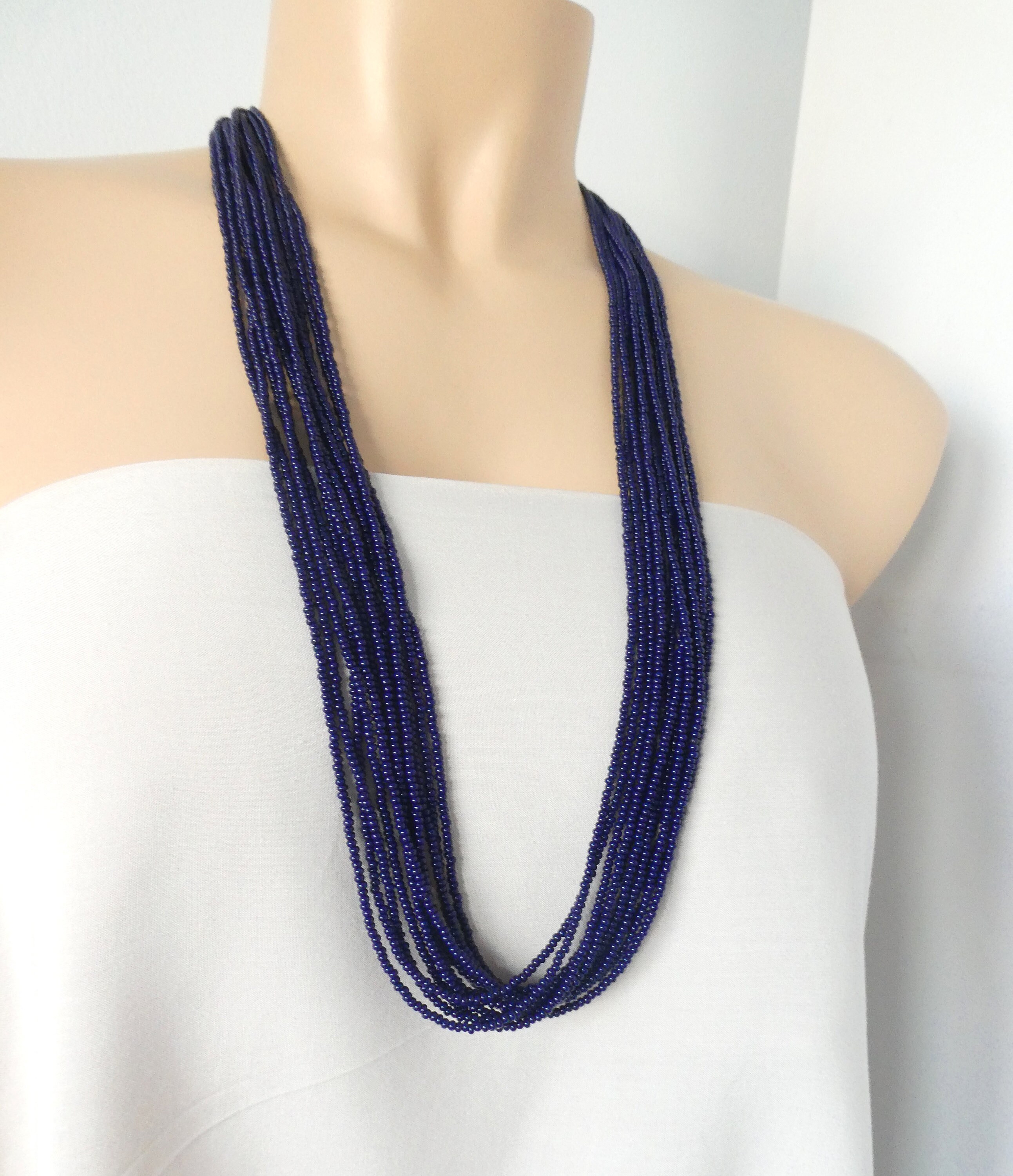 Long beaded navy blue necklace dark blue necklace statement Etsy