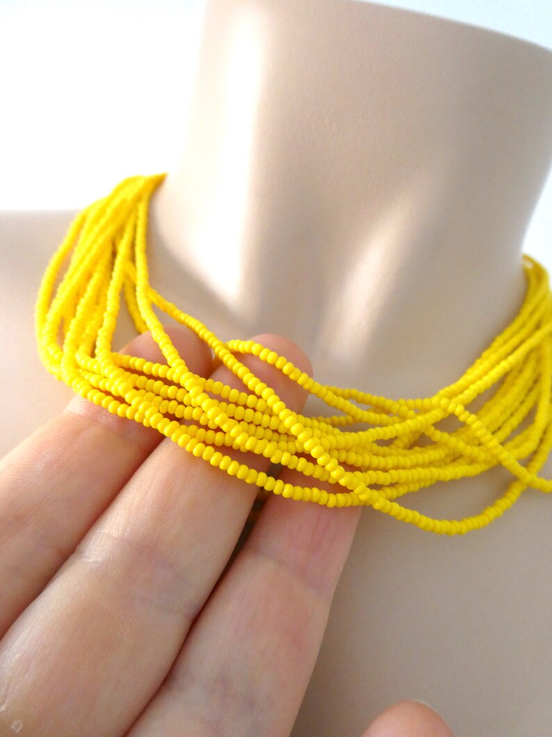 Boho Yellow Seed Bead Necklace, Multistrand Statement Necklace, Handmade Summer Jewelry image 4