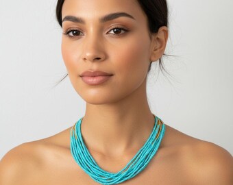 Turquoise necklace , seed bead tribal necklace, statement boho  , Gifts for women