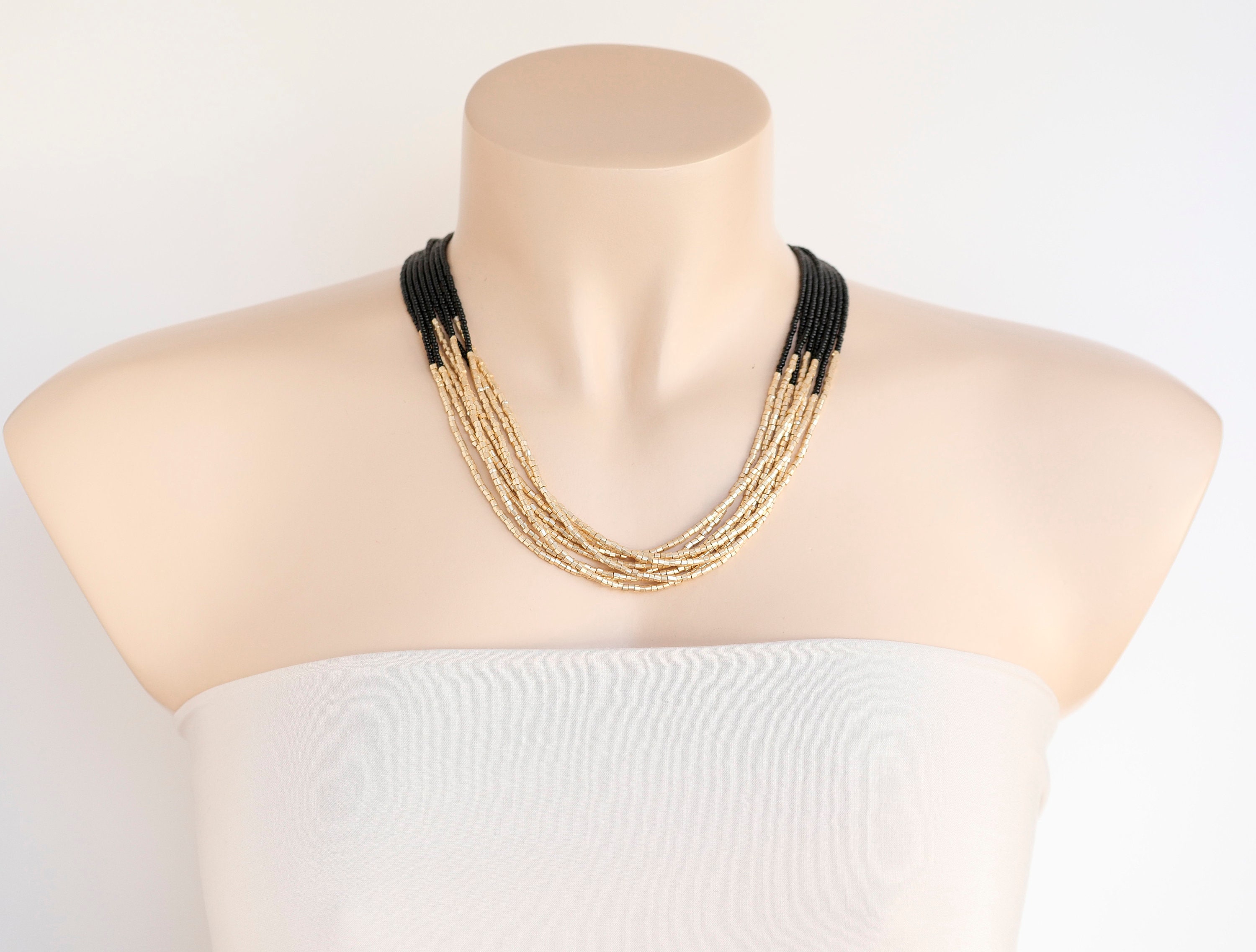 Black and gold boho necklace multistrand necklace multi | Etsy
