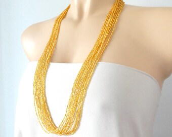 Long Gold boho beaded necklace , layering necklace  , statement multistrand  , seed bead jewelry
