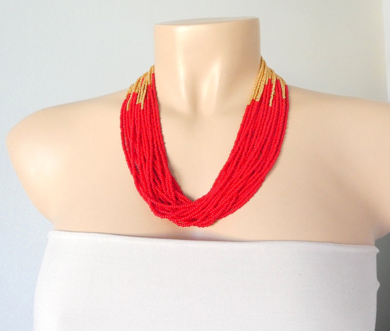 Red and gold necklace, red statement necklace,red necklace,gift idea,statement necklace,boho,multistrand,beaded necklace,seed bead necklace image 2