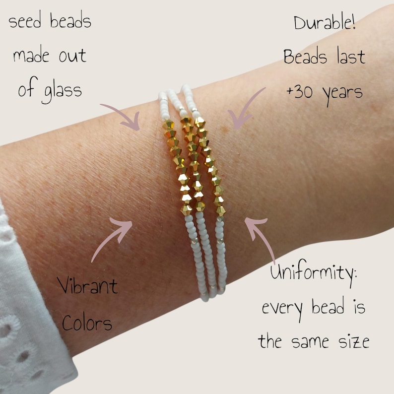 May include: A triple-strand bracelet with white and gold seed beads. The bracelet is made of glass beads and is described as durable, with vibrant colors and uniform bead sizes. Text on the image states the beads last over 30 years.