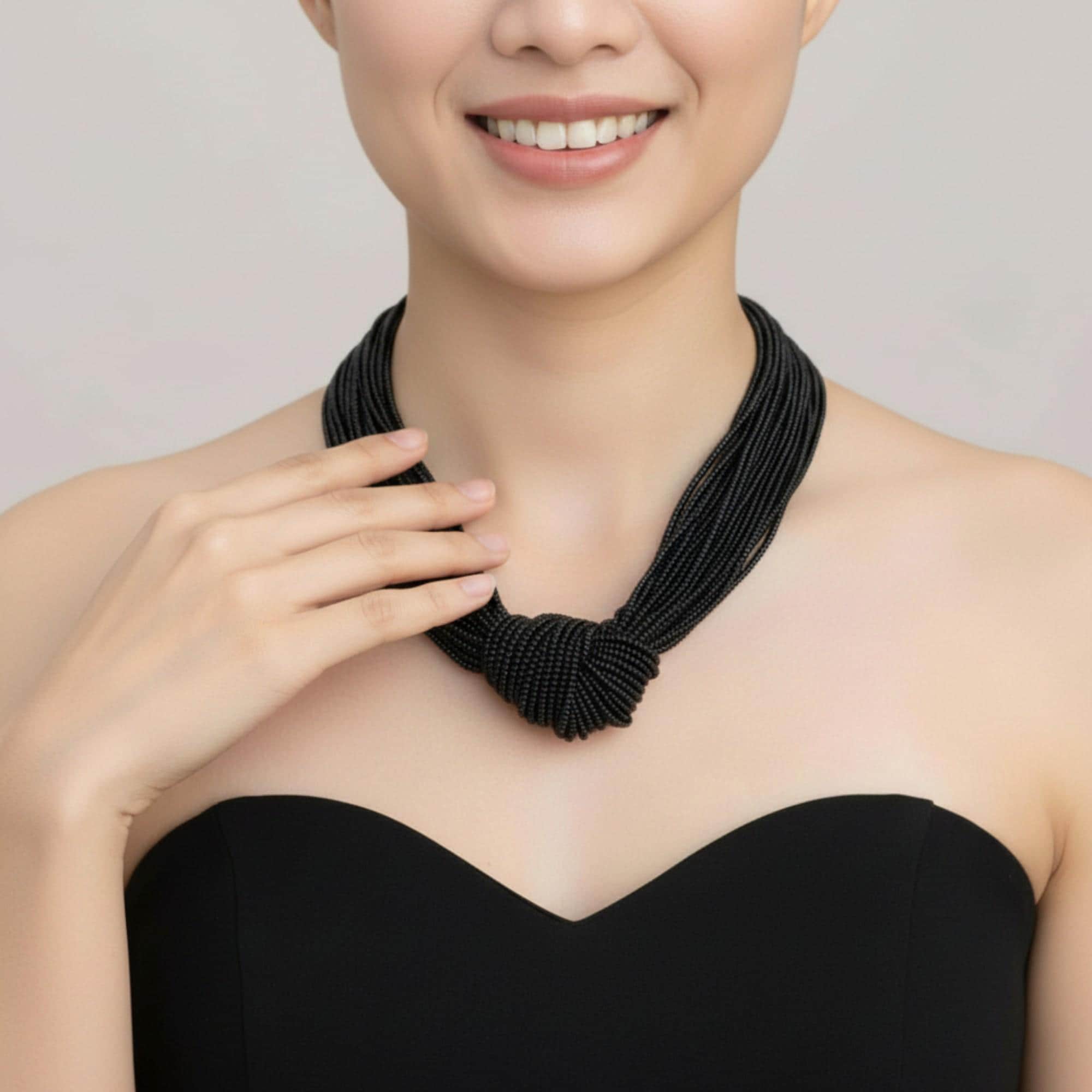 Black Seed Bead Choker Necklace, Knot Statement Jewelry