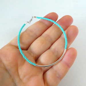 Turquoise bracelet, aqua bracelet, bracelet, noodle seed bead bracelet, seed bead bracelet, silver bracelet, minimalist, noodle bracelet image 2